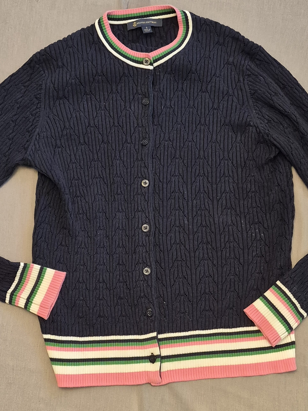 Brooks Brothers Navy Cable-Knit Cardigan with Pink, Green & Cream Trim